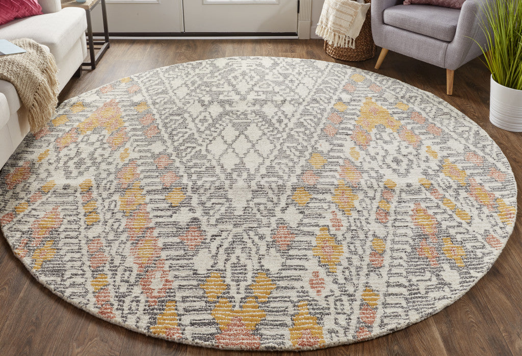 8' Gray, Ivory, And Orange Round Geometric Tufted Rug