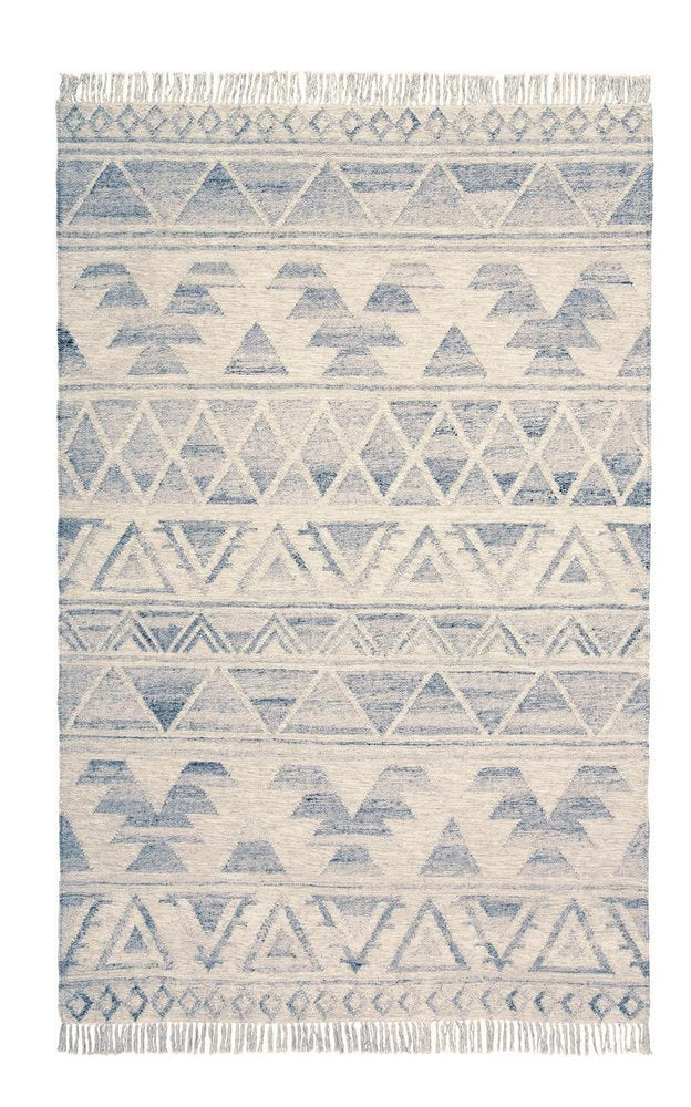 Blue and Ivory Wool Flatweave Lodge Rug with Fringe