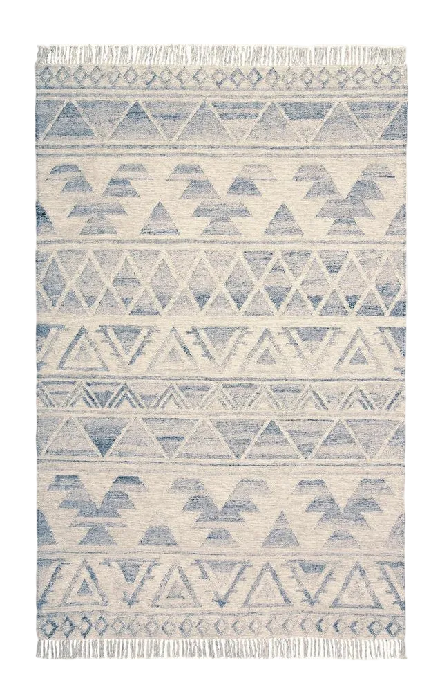 Blue and Ivory Wool Flatweave Lodge Rug with Fringe