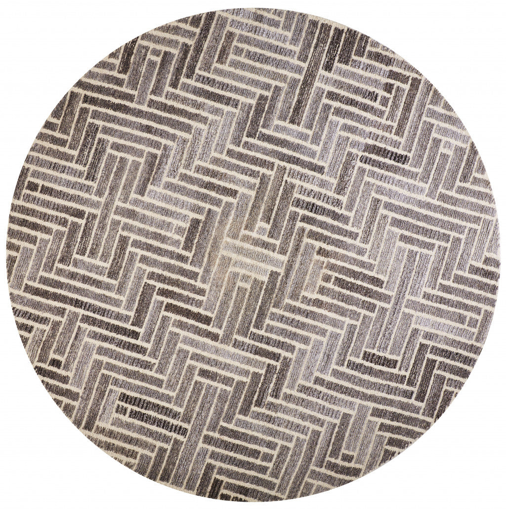 8' Taupe, Gray, And Tan Round Geometric Tufted Rug