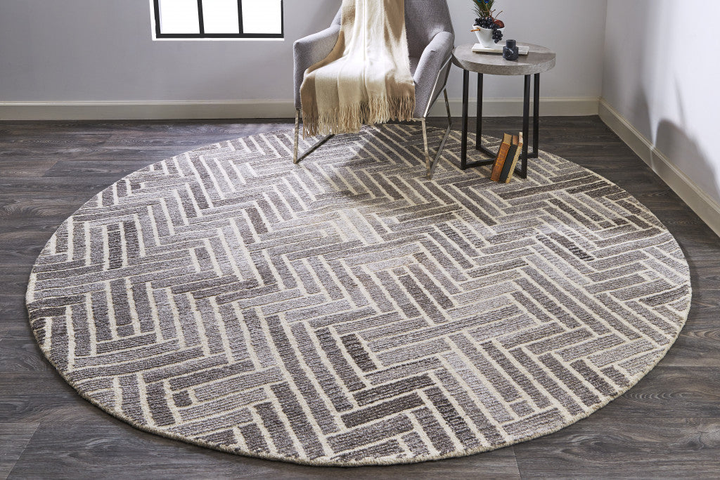 8' Taupe, Gray, And Tan Round Geometric Tufted Rug