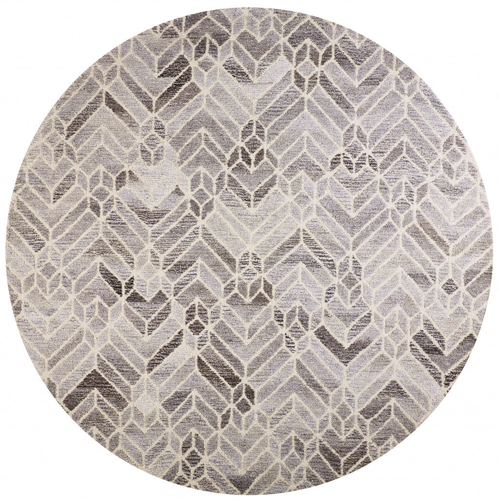 8' Gray And Ivory Round Chevron Rug