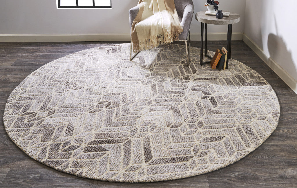 8' Gray And Ivory Round Chevron Rug