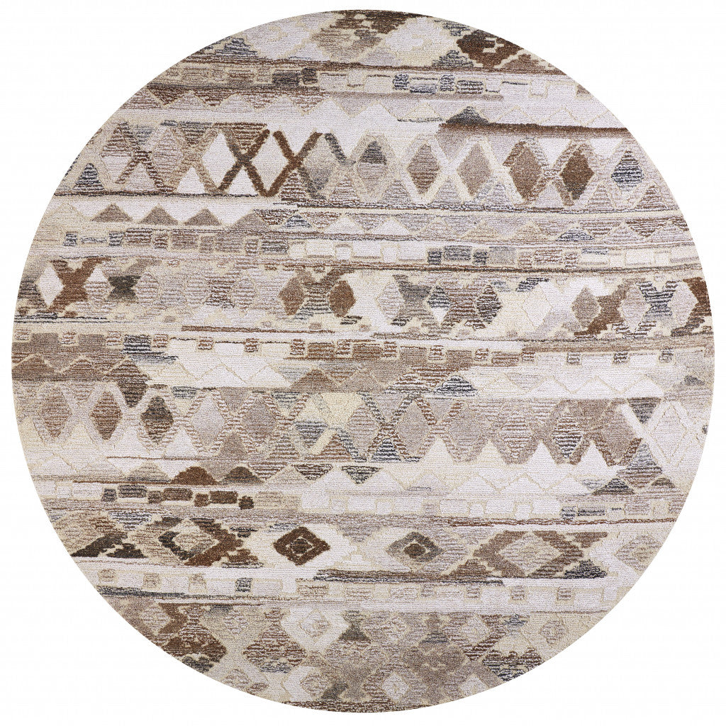 8' Gray and Ivory Round Wool Geometric Hand Tufted Rug