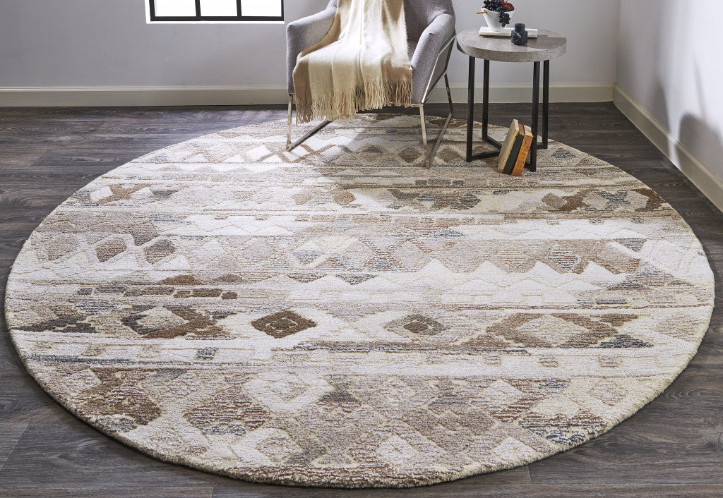 8' Gray and Ivory Round Wool Geometric Hand Tufted Rug