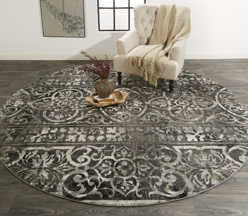 8' Gray, Ivory, and Taupe Round Traditional Rug