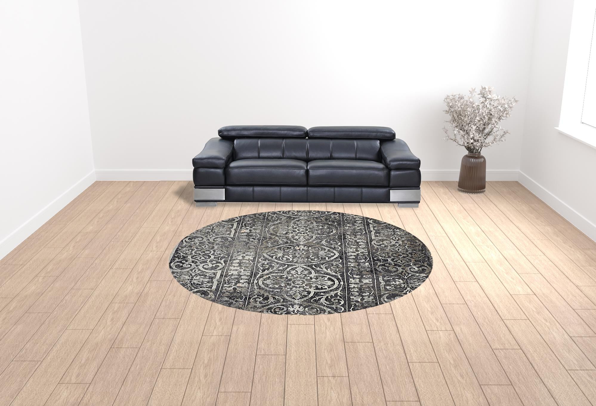 8' Gray, Ivory, and Taupe Round Traditional Rug