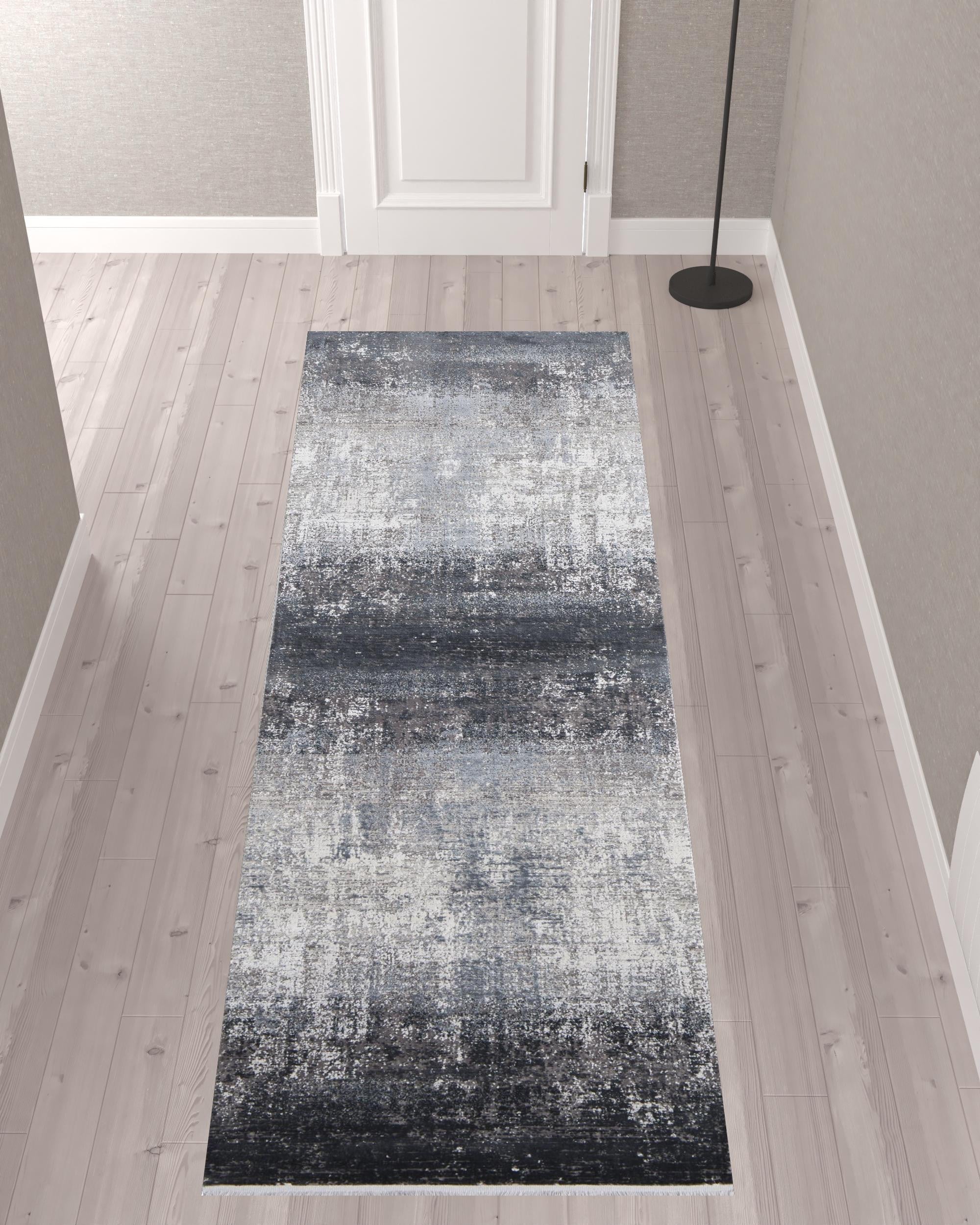 2' X 10' Viscose Abstract Runner Rug with Fringe