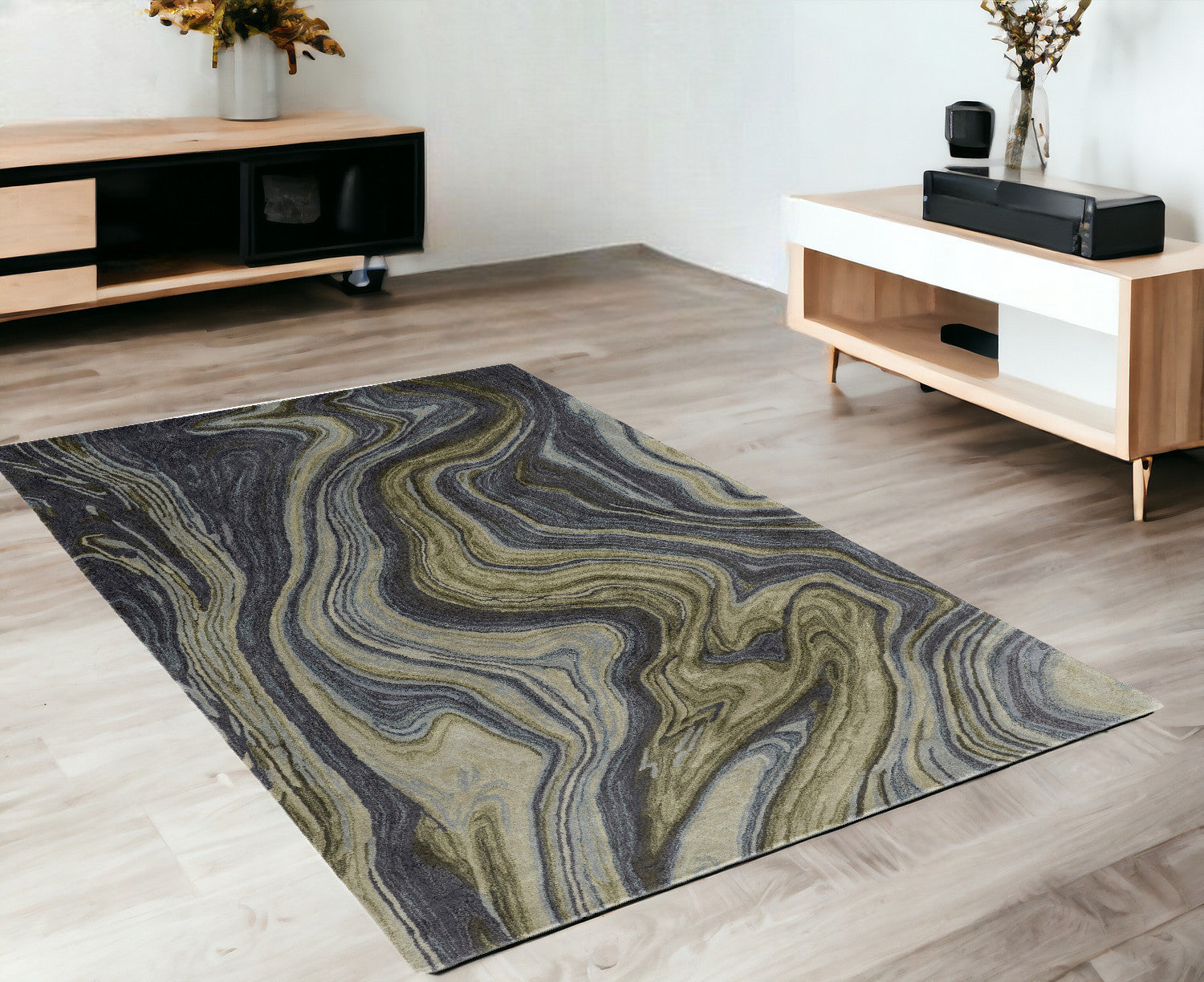 Blue and Green Paint Swirl Rug