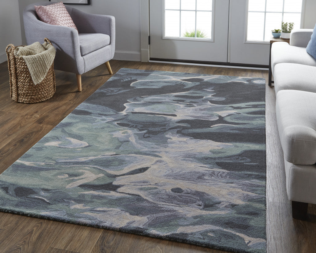 Green, Blue, and Black Wool Abstract Area Rug