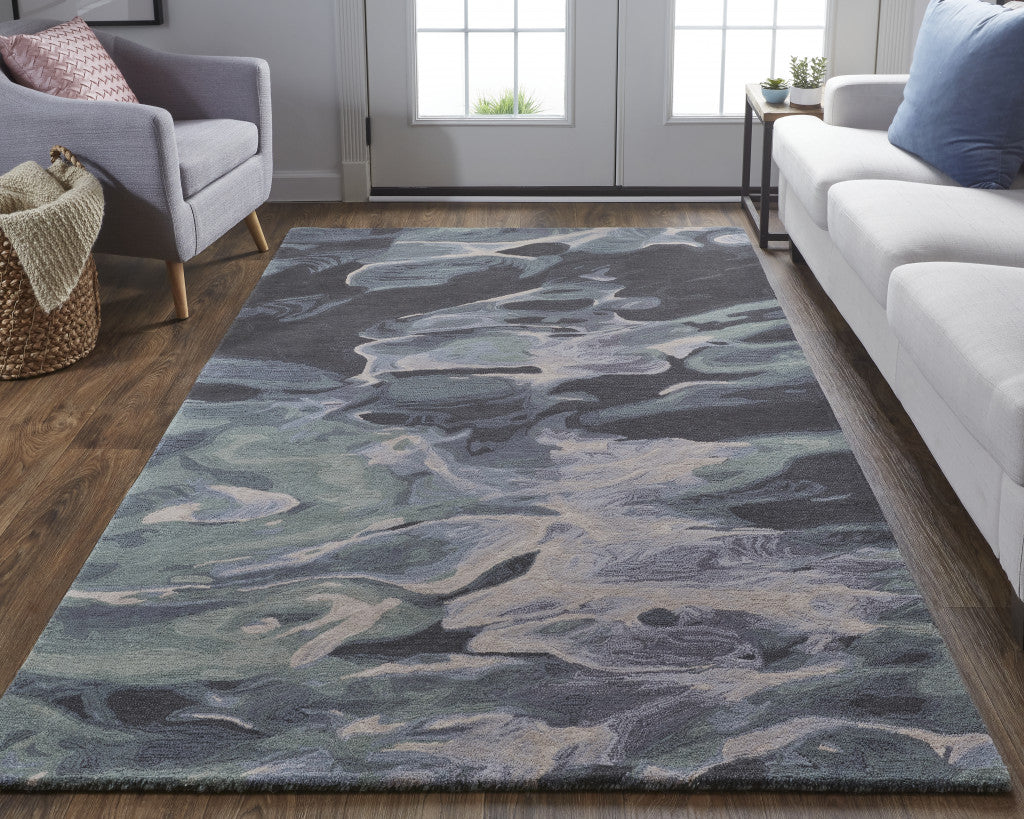 Green, Blue, and Black Wool Abstract Area Rug