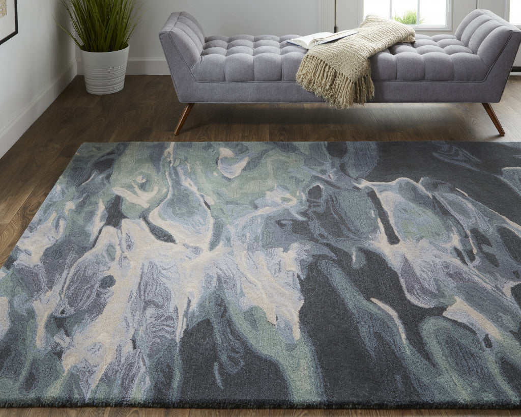 Green, Blue, and Black Wool Abstract Area Rug