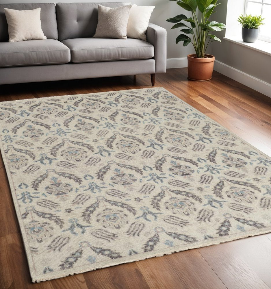 Gray and Ivory Floral Wool Hand Knotted Rug with Fringe