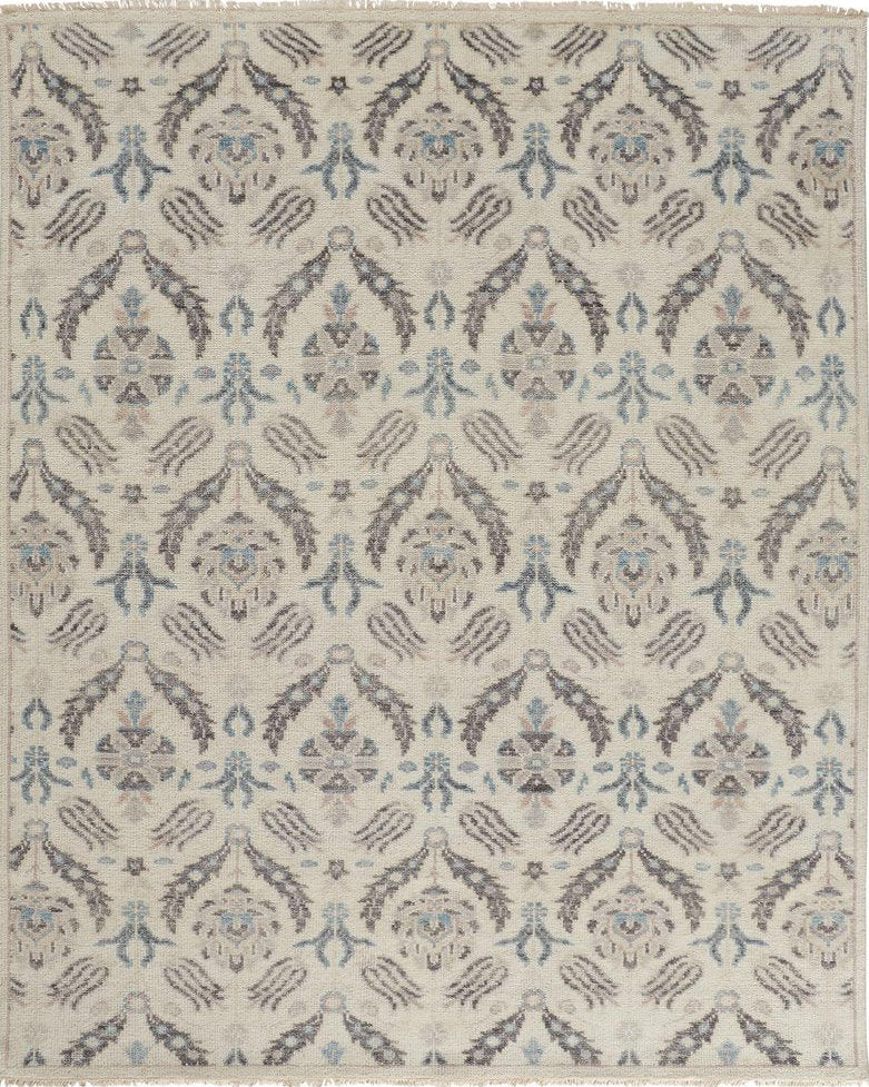 Gray and Ivory Floral Wool Hand Knotted Rug with Fringe