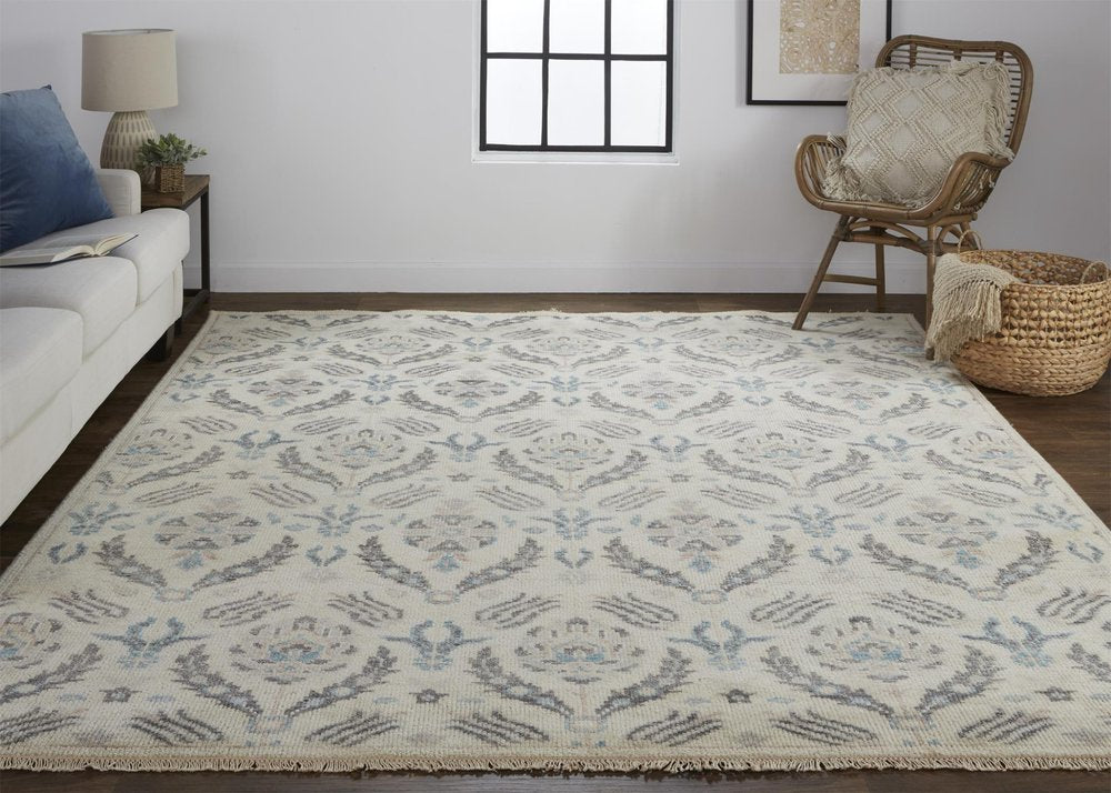 Gray and Ivory Floral Wool Hand Knotted Rug with Fringe