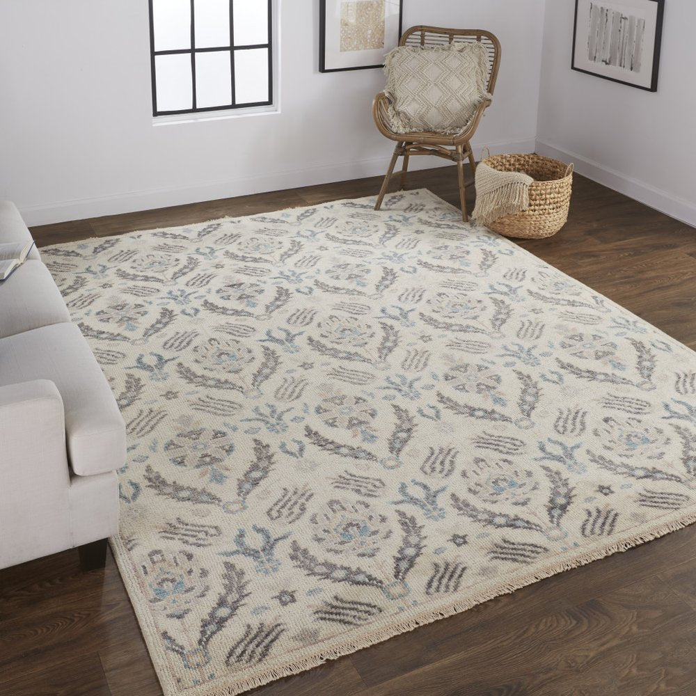 Gray and Ivory Floral Wool Hand Knotted Rug with Fringe