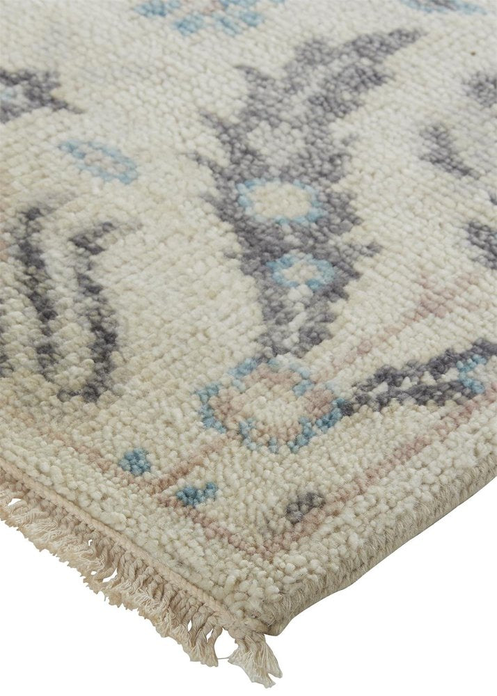 Gray and Ivory Floral Wool Hand Knotted Rug with Fringe