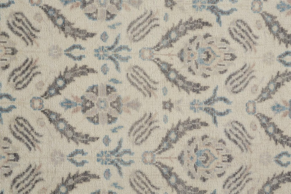 Gray and Ivory Floral Wool Hand Knotted Rug with Fringe