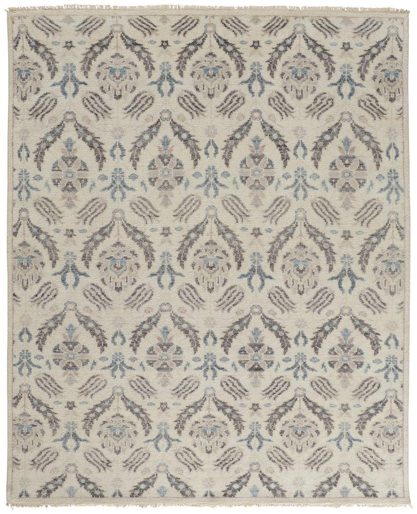Gray and Ivory Floral Wool Hand Knotted Rug with Fringe