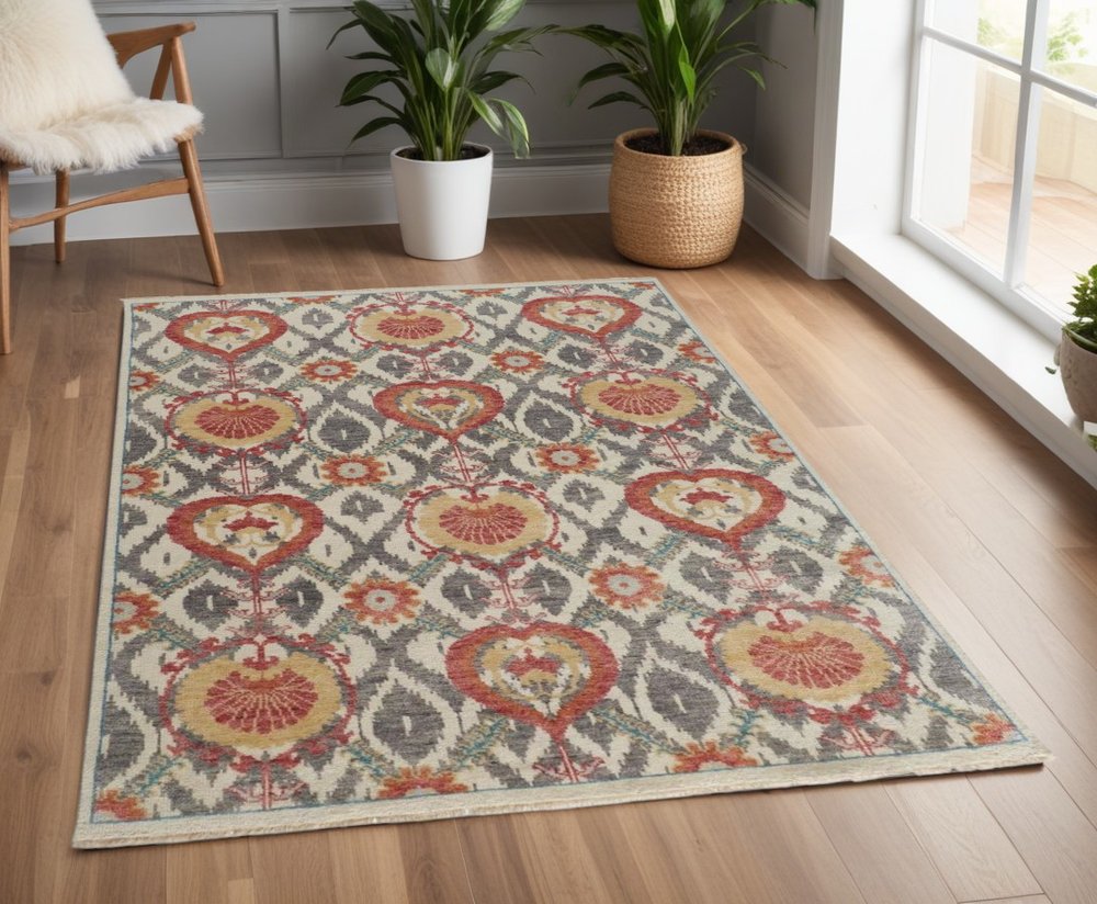 Orange and Ivory Floral Wool Hand Knotted Rug with Fringe