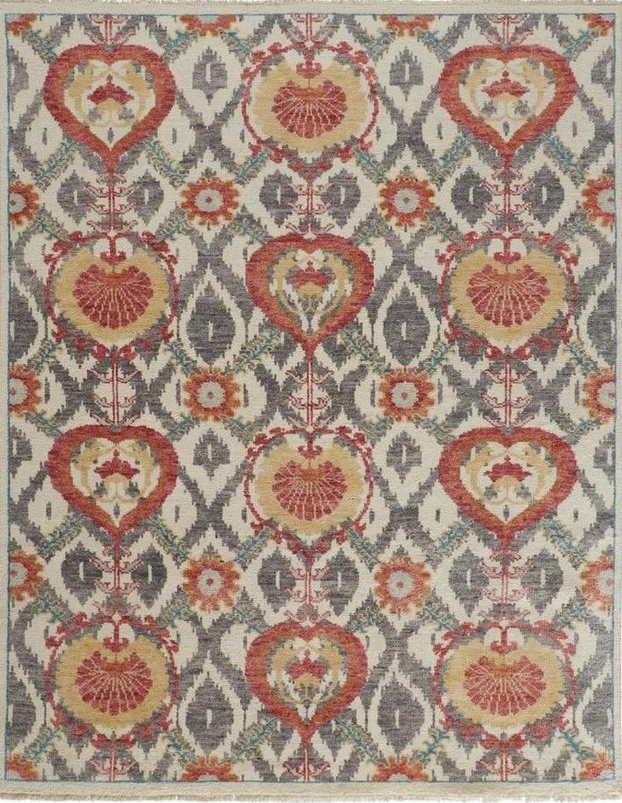 Orange and Ivory Floral Wool Hand Knotted Rug with Fringe