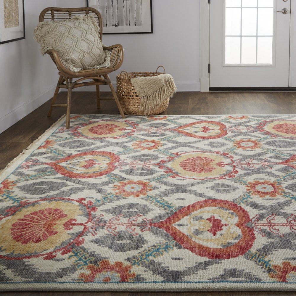 Orange and Ivory Floral Wool Hand Knotted Rug with Fringe