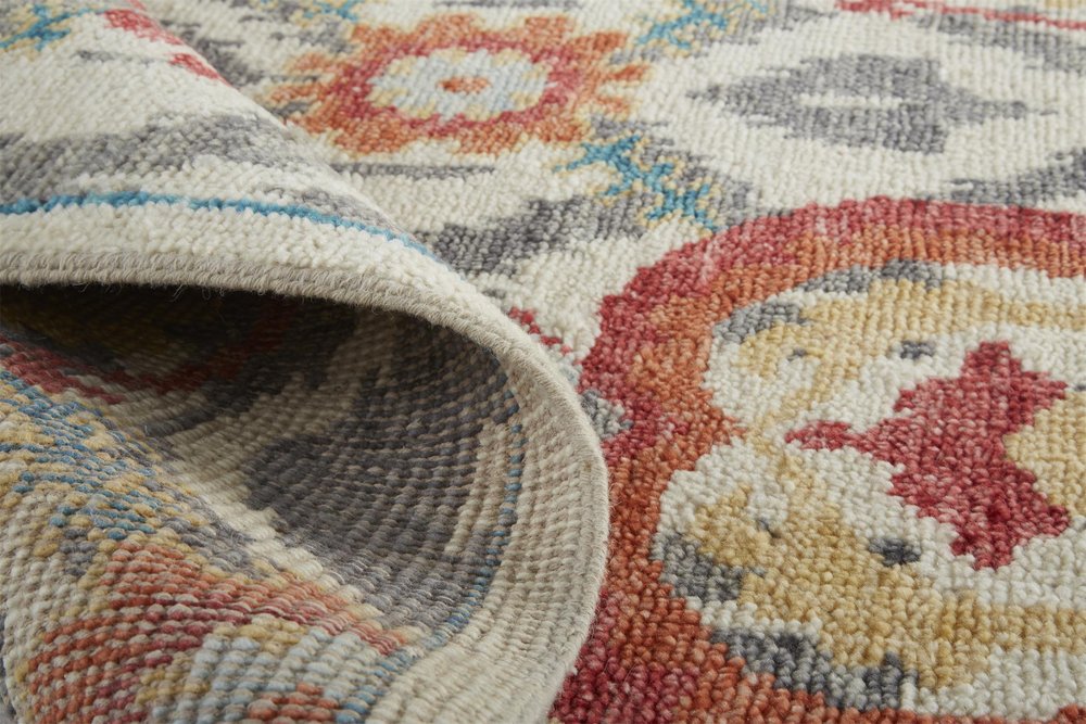 Orange and Ivory Floral Wool Hand Knotted Rug with Fringe