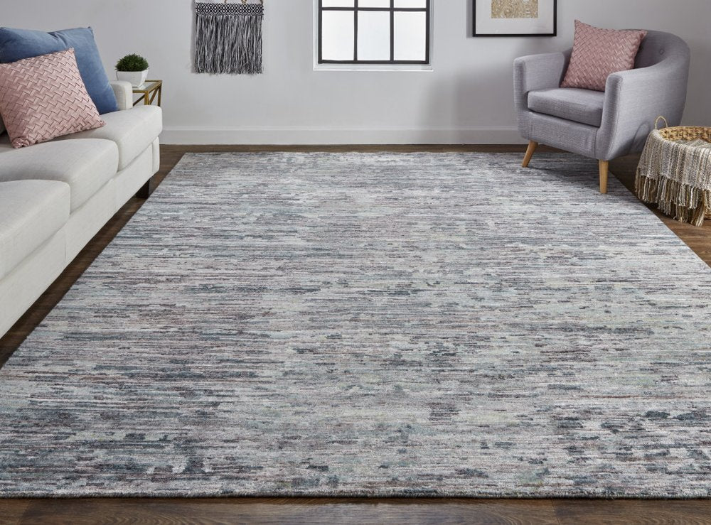 2' x 8' Blue and Gray Hand Knotted Wool Abstract Runner Rug