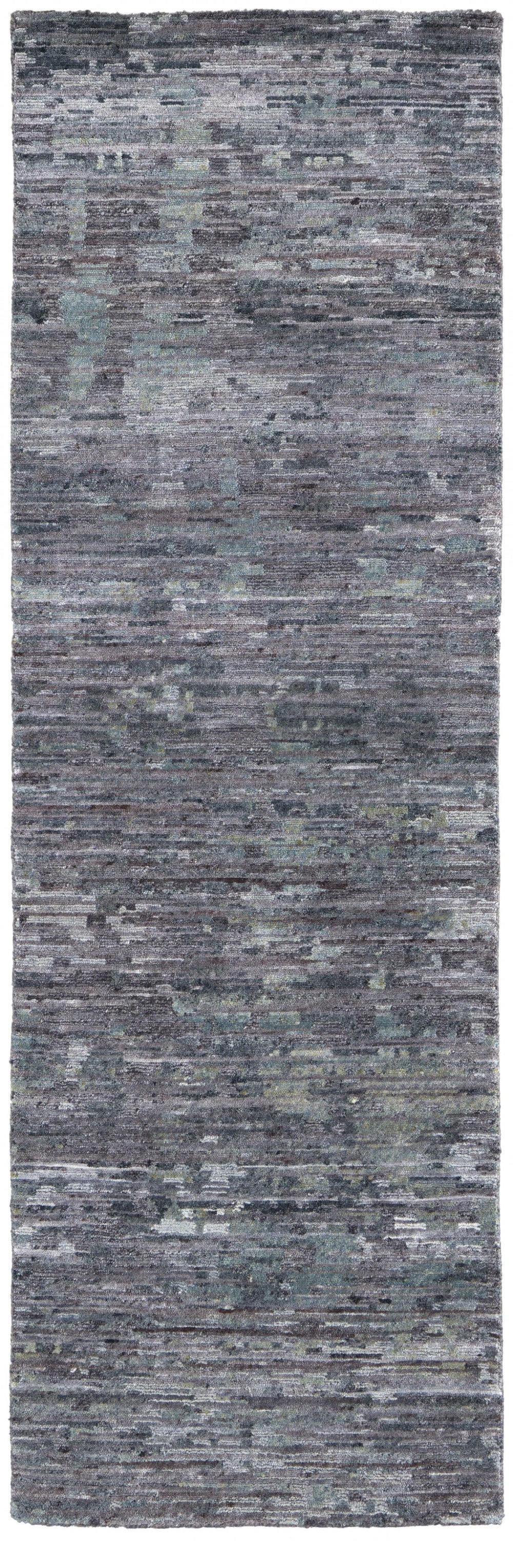 2' x 8' Blue and Gray Hand Knotted Wool Abstract Runner Rug