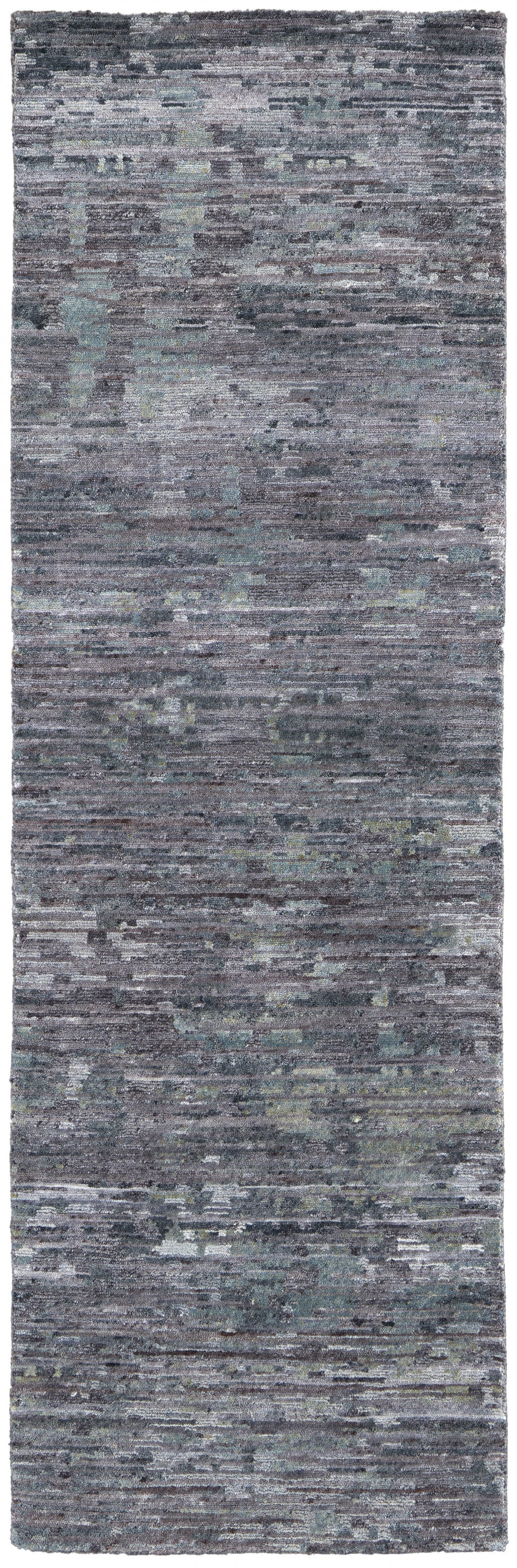 2' x 8' Blue and Gray Hand Knotted Wool Abstract Runner Rug