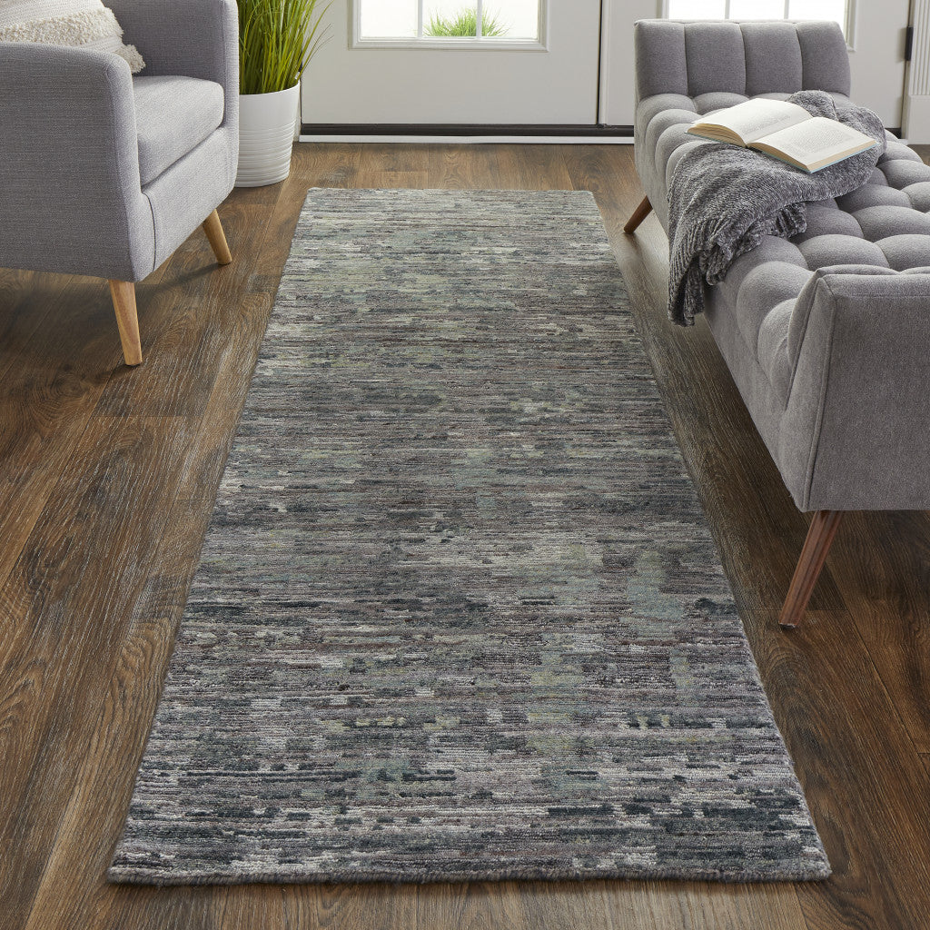 2' x 8' Blue and Gray Hand Knotted Wool Abstract Runner Rug