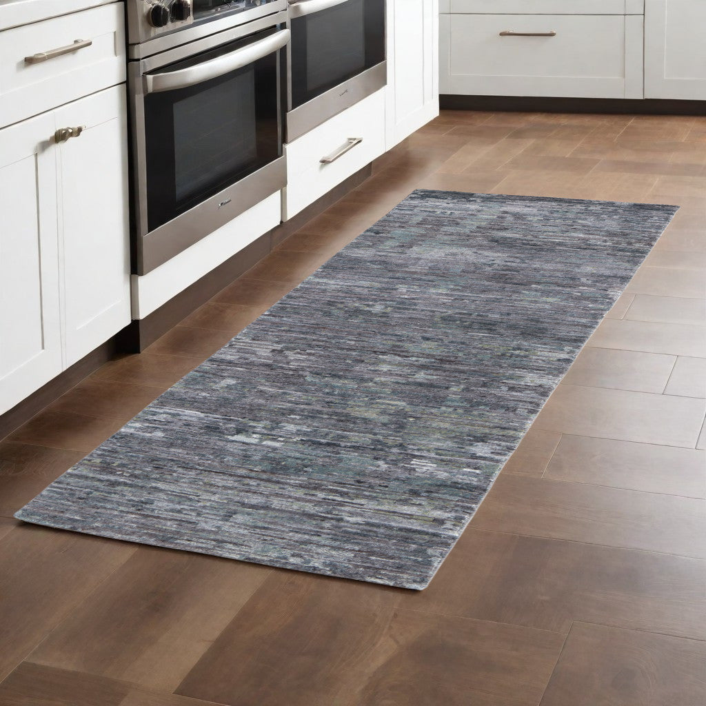 2' x 8' Blue and Gray Hand Knotted Wool Abstract Runner Rug