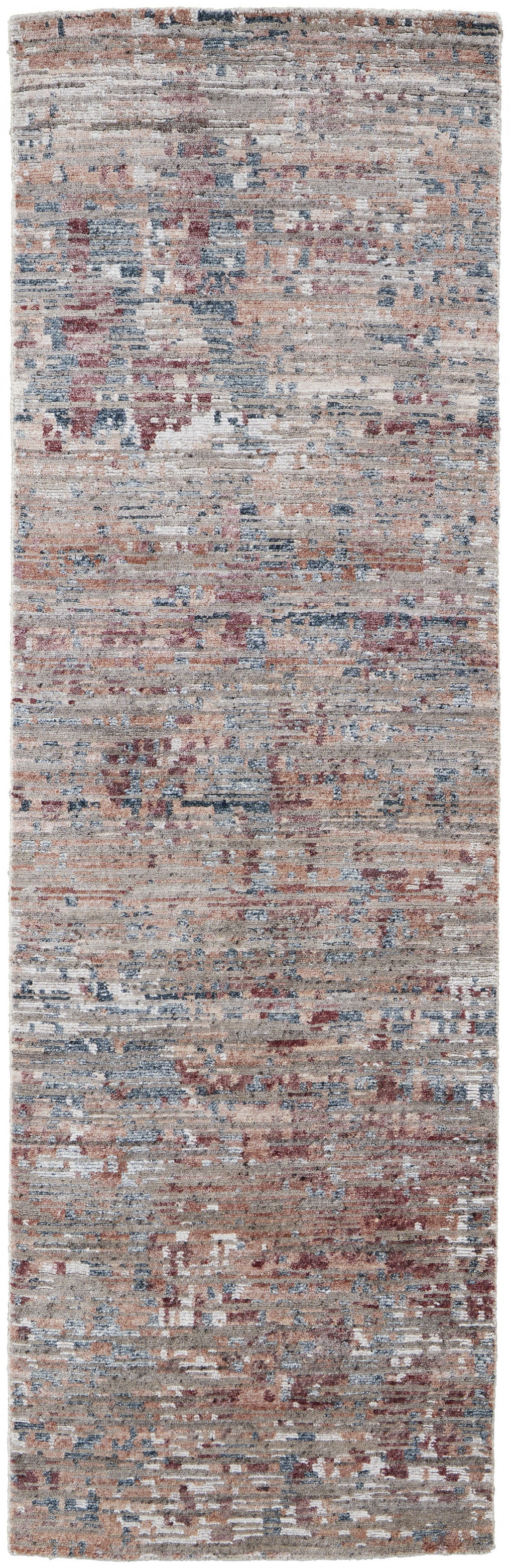 2' x 8' Red and Blue Hand Knotted Wool Abstract Runner Rug