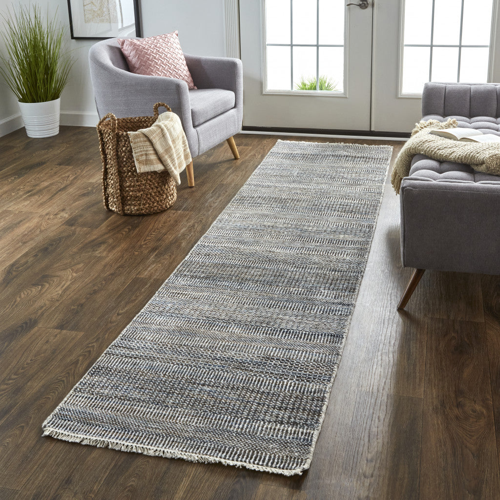 2' x 12' Gray Striped Wool Runner Rug