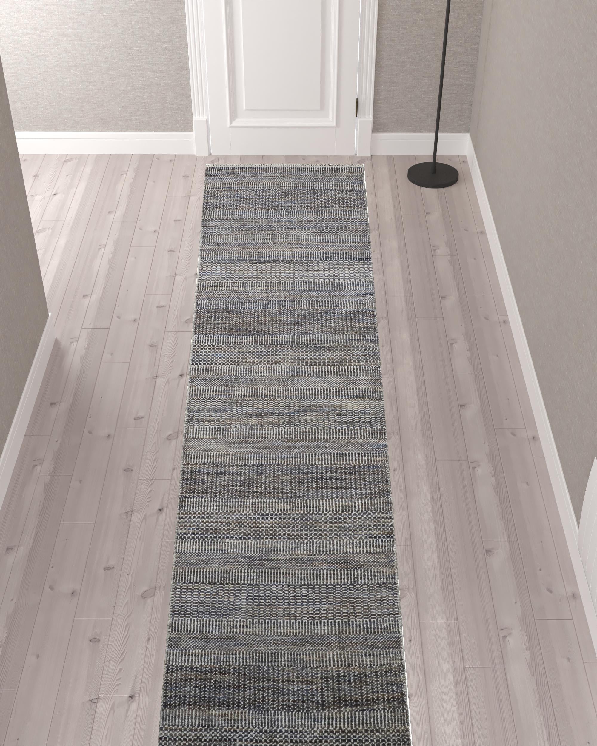 2' x 12' Gray Striped Wool Runner Rug