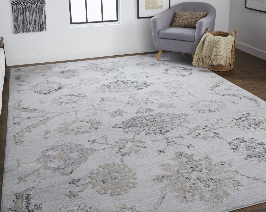 Light Gray and Black Floral Medallion Rug