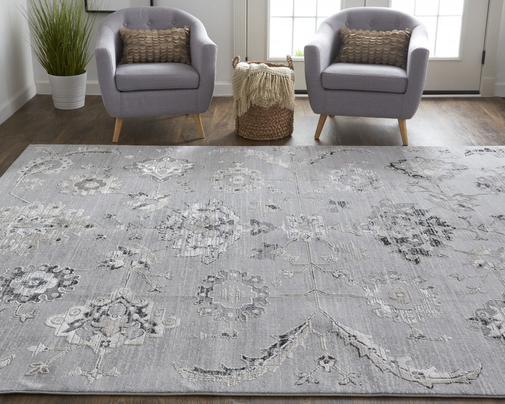 Light Gray and Black Floral Medallion Rug