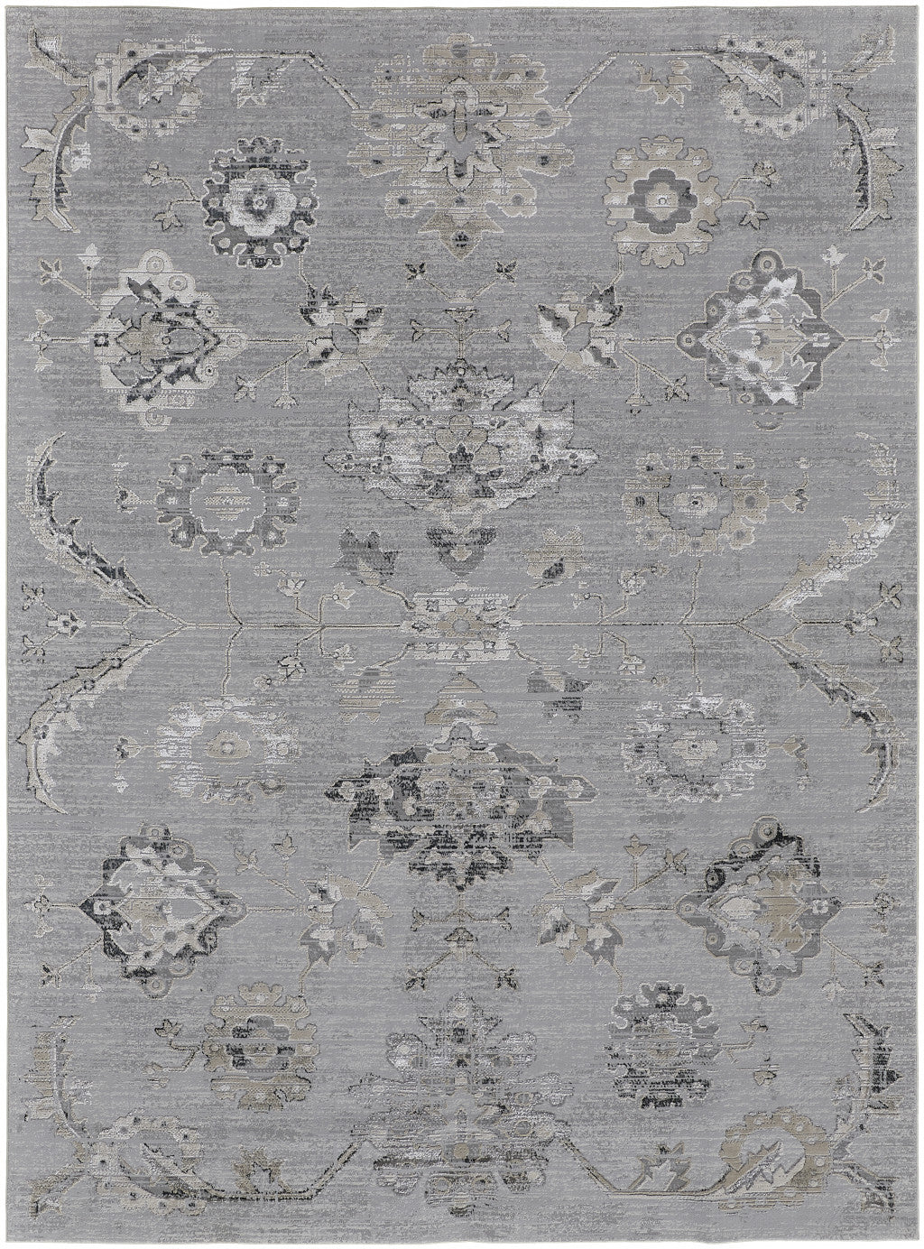 Light Gray and Black Floral Medallion Rug