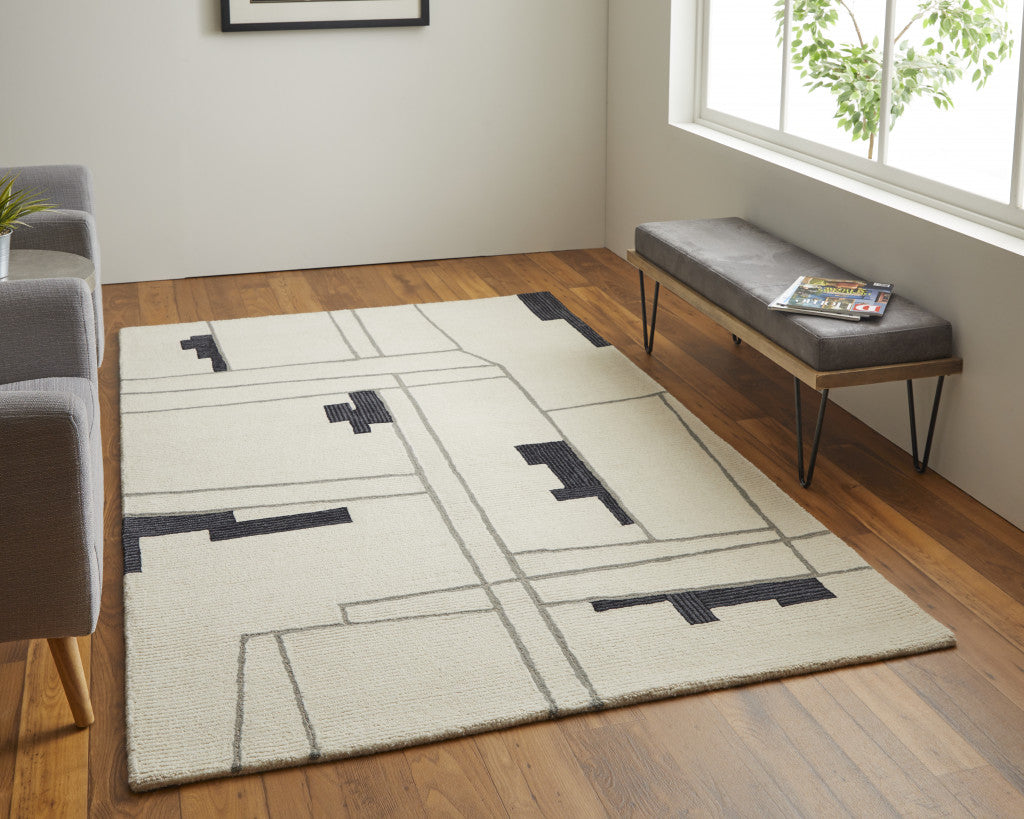 Ivory and Gray Wool Abstract Retro Rug