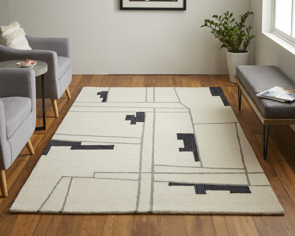 Ivory and Gray Wool Abstract Retro Rug