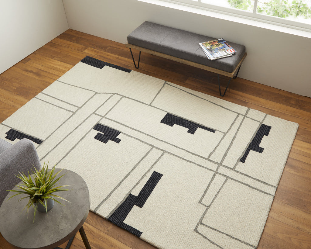 Ivory and Gray Wool Abstract Retro Rug