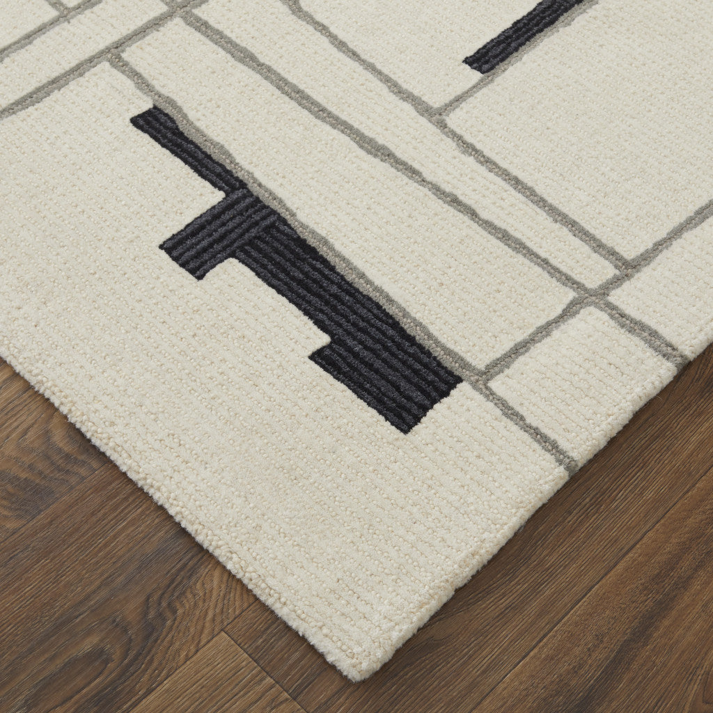 Ivory and Gray Wool Abstract Retro Rug