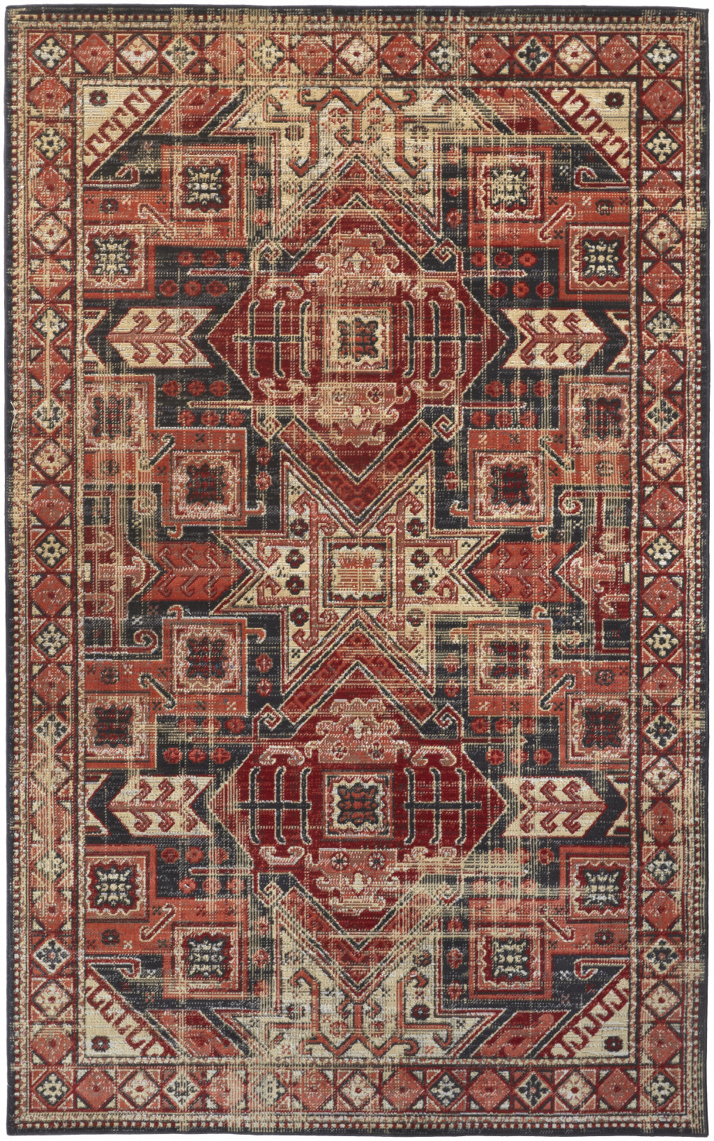 Beige, Red and Black Medallion Rug