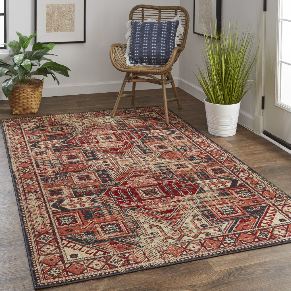 Beige, Red and Black Medallion Rug