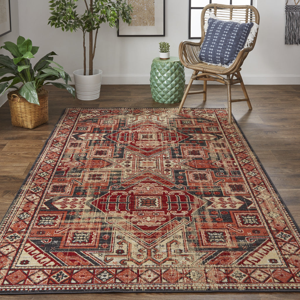 Beige, Red and Black Medallion Rug