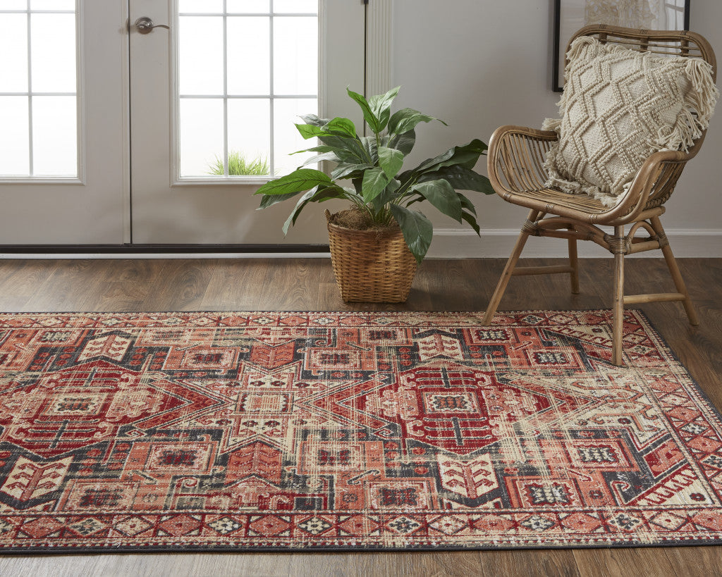 Beige, Red and Black Medallion Rug