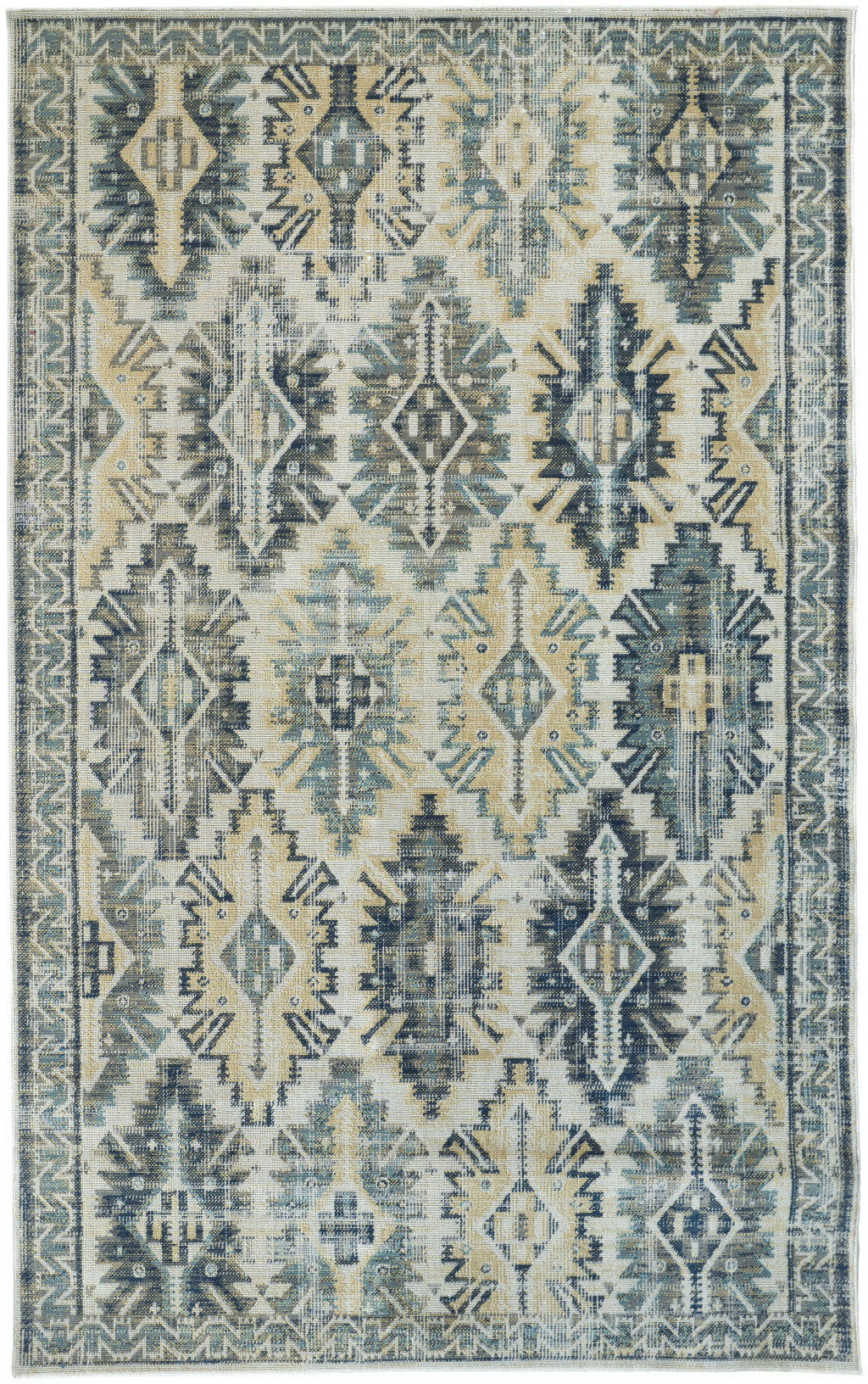 Green, Blue and Ivory Distressed Turkish Rug