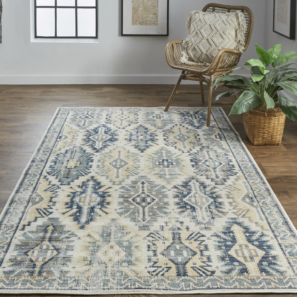 Green, Blue and Ivory Distressed Turkish Rug