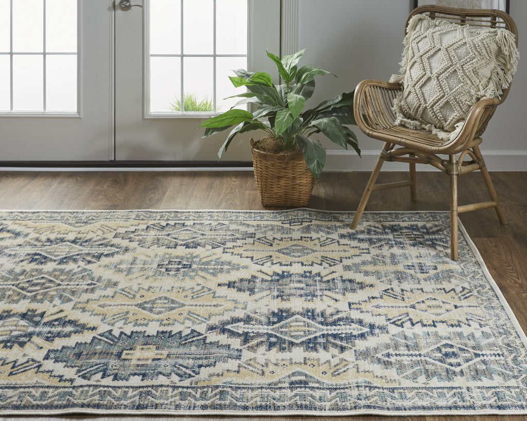 Green, Blue and Ivory Distressed Turkish Rug