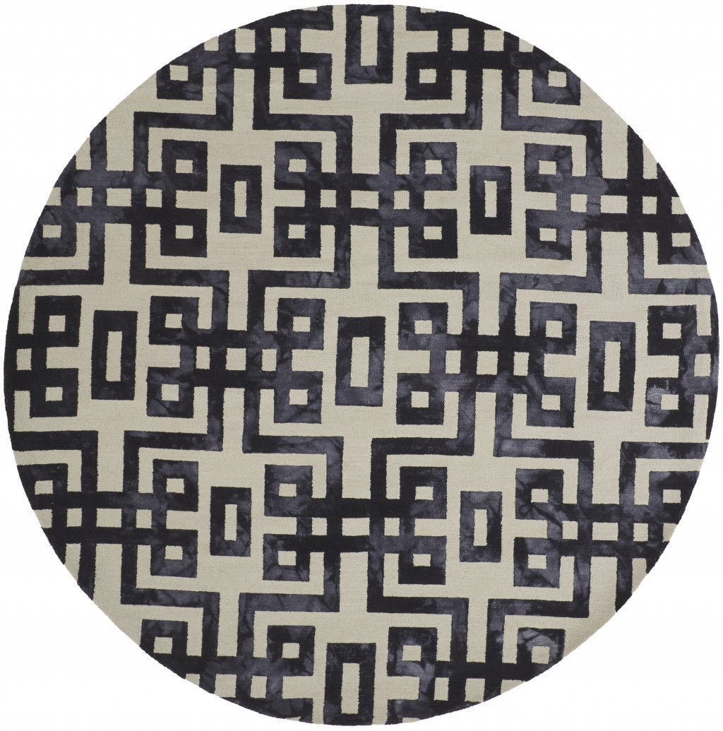 10' Ivory And Black Round Wool Geometric Rug